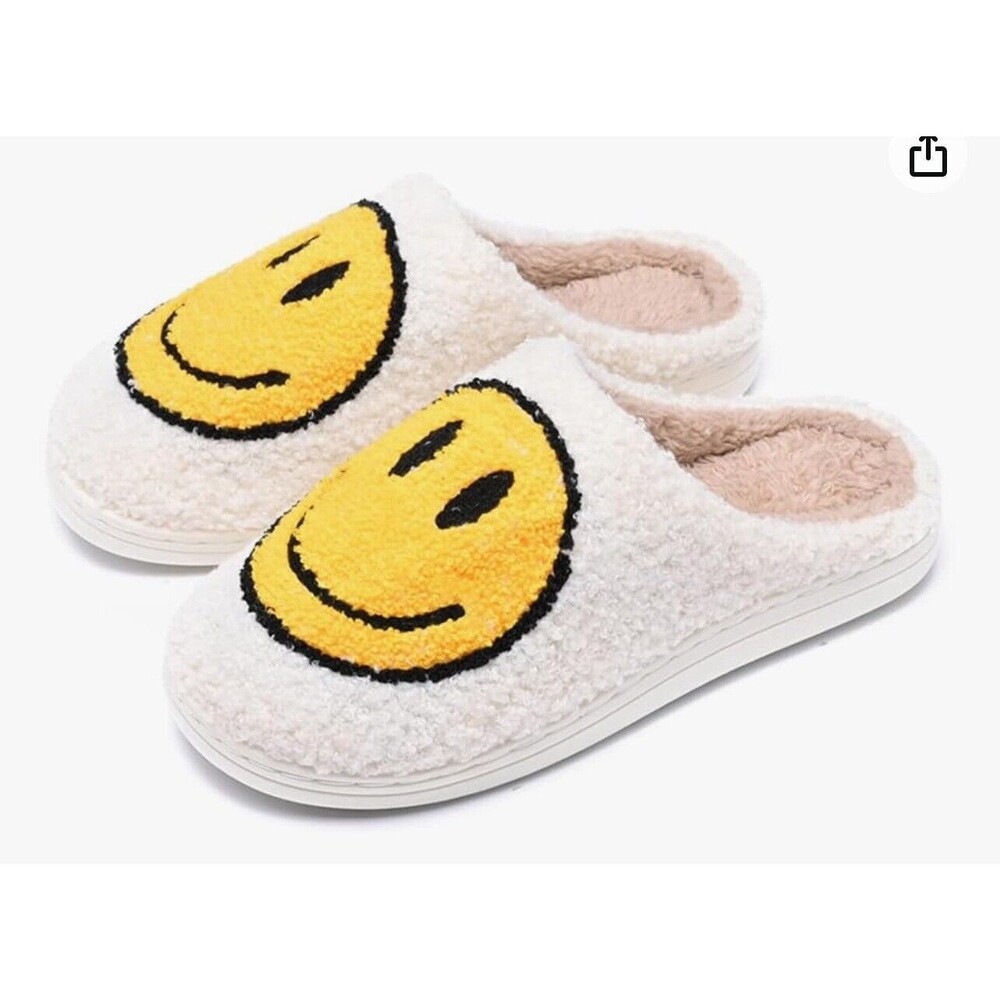 Smiley Happy Round Face Slip On Slippers Sz 6-7 New W\O Tag